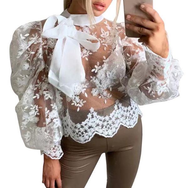 

oeak винтажная блузка лето женщин вязание крючком прозрачный sheer сетки причинная блуза дамы сплошной цвет puff с длинным рукавом blusa top, White