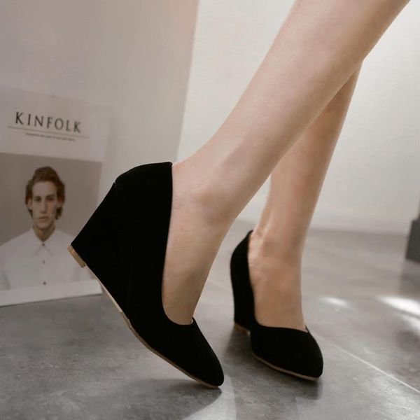 

new 2020 elegant wedges shoes fashion pumps women platform pointed toe high heels shoes work zapatos mujer 34-42, Black