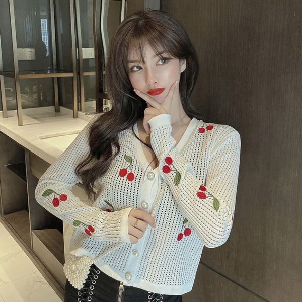 

2020s new hong kong-style v-neck long-sleeved single-breasted slim fit all-match cherry sunscreen sweater for women, White