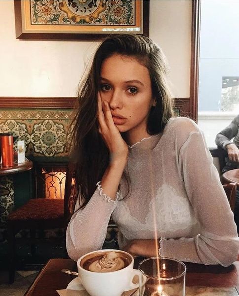 

women's t-shirt women spring autumn shiny mesh long sleeve transparent club party black t-shirts round neck female, White