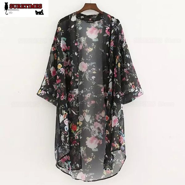 

women chiffon blouse 2020 kimono long cardigan floral printed shawl blouse blusa feminina plus size xxl 3/4 sleeve coats, Black;brown