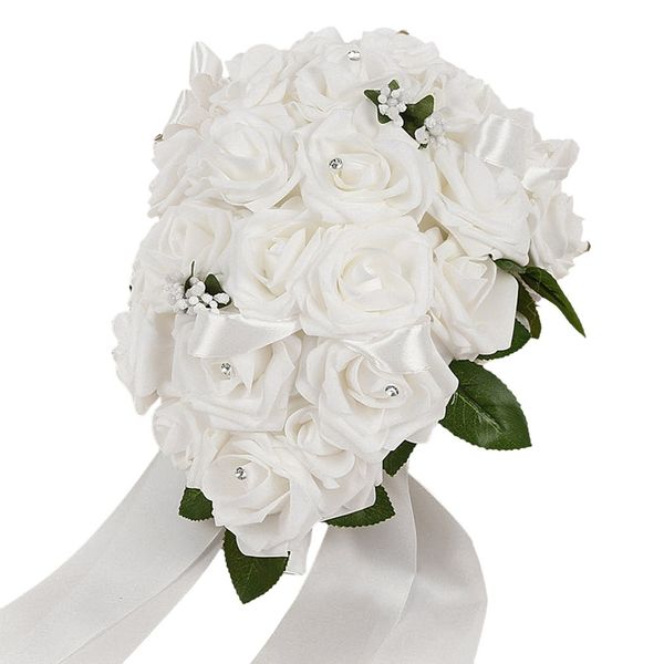 

artificial silk flowers bouquet foam roses wedding bouquet bridal lace decoration pearls wedding flowers drop shipping