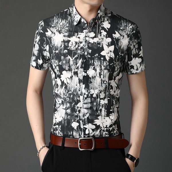 

men's casual shirts creative flower pattern print fashion short-sleeved shirt summer quality mercerized cotton soft comfortable men, White;black