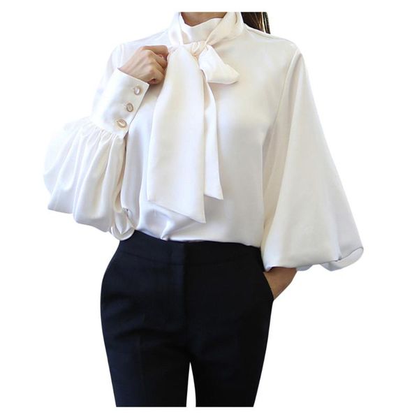 

bowknot chiffon blouse shirt women lantern sleeve tulle transparent large size 2020 spring summer casual, White