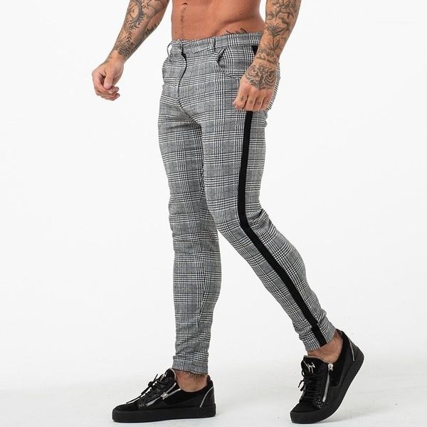 

skinny buttons panelled mens pencil running pants casual males clothing plaid print mens designer pants fashion, Black