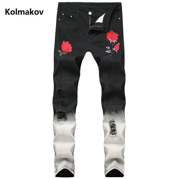

2019 new arrival casual elastic jeans men ,men's straight broken hole jeans , rose pattern men, Blue