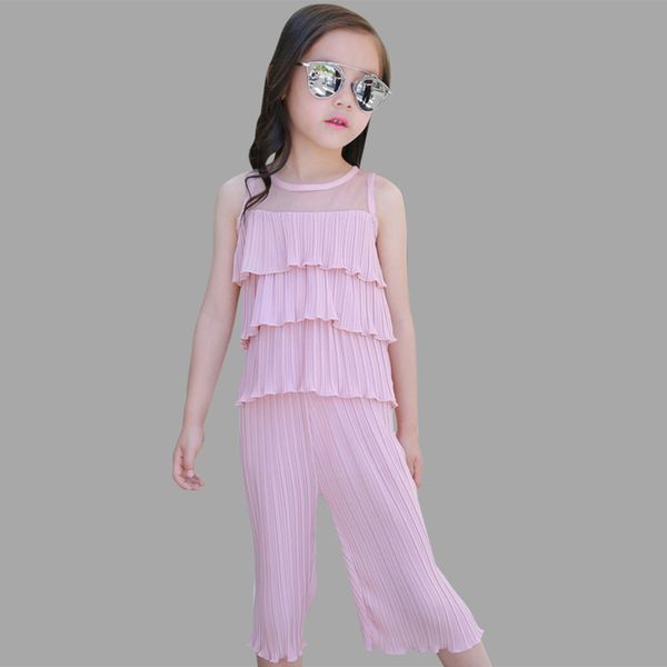 

children's summer clothing ruched mesh vest+wide leg pants casual girls clothing teenage girls teen clothes for 6 8 10 12 years, White