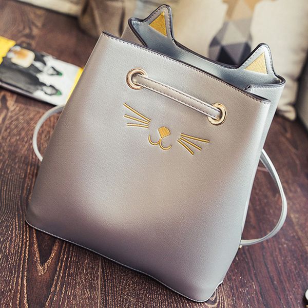 

soild storage shopping package pu bags women girls cat shoulder bag drawstring travel large school gym bag softback printing