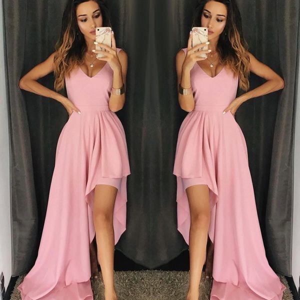 

wholesale- pink sleeveless floor length prom dress chiffon a line high low ruched v neck evening party dresses, Black