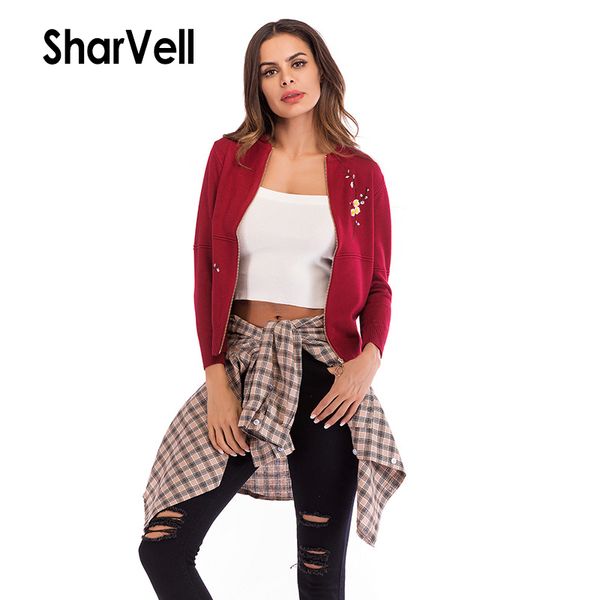 

sharvell women spring sweater fashion embroidery floral zipper cardigans sweater casual long sleeve knitted slim jackets, White;black