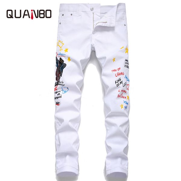 

hair stylist jeans spring autumn men's printing slim fit elasticity white jeans fashion letter skinny pants distressed 38, Blue