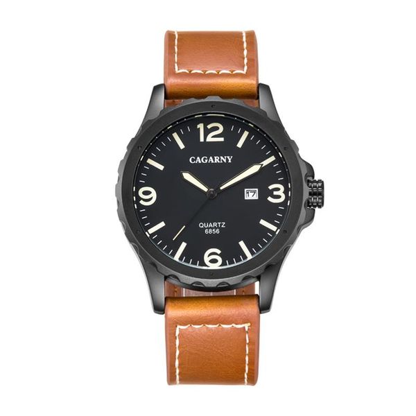 

cagarny 6856 business men's trends sports automatic date men's leather strap quartz watch relogio, Slivery;brown
