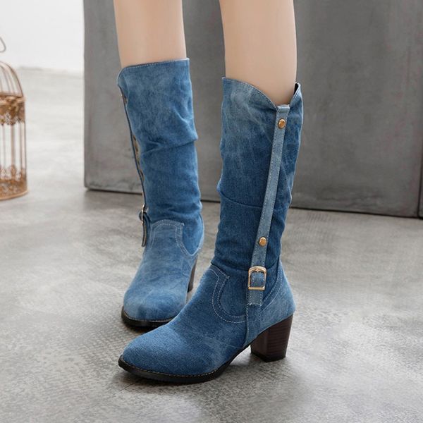 

jean boots women's long tube short boot winter high heel denim boot 2019 lady stylish jeans boots buckle strap shoes cowboy, Black