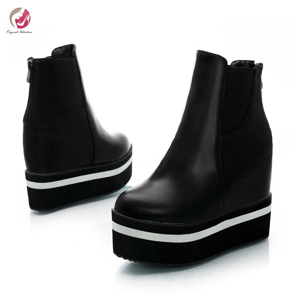 

original intention super high platform ankle boots woman black white concise elegant fashion shoes woman wedges plus size 4-17
