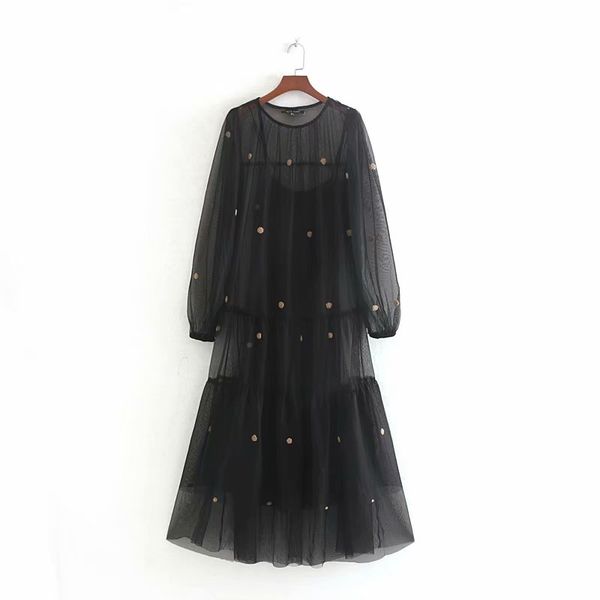 

женщины секси прозрачной черной сеткой vestidos случайные оборки midi платье дамы осень мяч аппликация украшения сладкий платья ds2879, Black;gray