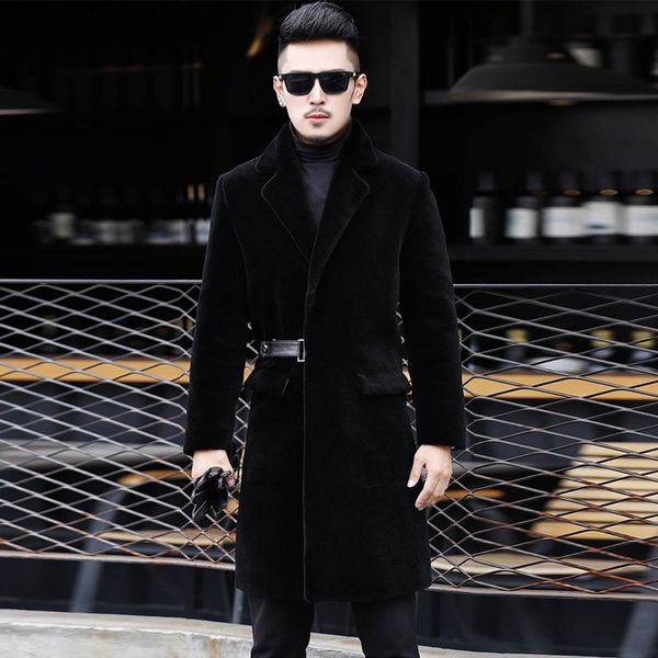 

mens winter jacket 2019 real sheep shearling fur coat plus size long slim wool coats blazer mens clothing veste homme 6857 yy685, Black