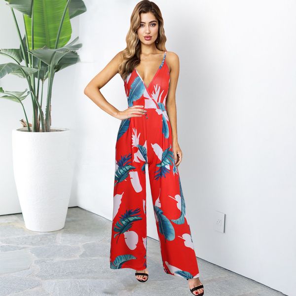 

womens designer summer casual pants loose pants strap printed jumpsuit, Gray