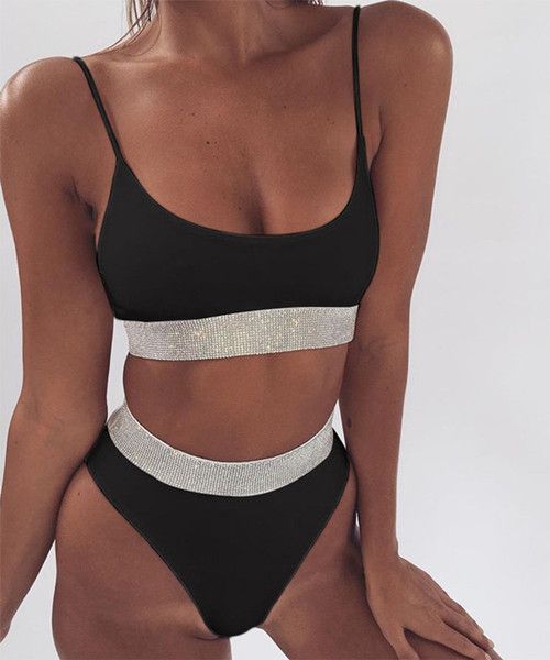 

high-waisted bikini split body swimsuit women sequined solid color bikini, White;black