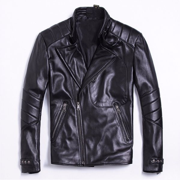 

leather jacket men spring new style cool zipper real genuine leather jacket short motor & biker, Black