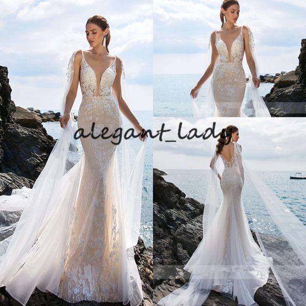 

deep v-neckline backless mermaid wedding dresses with long wrap cape 2019 spaghetti straps beach bridal dress romantic wedding gowns, White