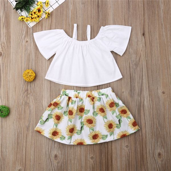 

2019 малыш младенческой девочки одежда с открытыми плечами топы футболка + подсолнечник юбки милые девушки 2 шт. одежда комплект одежды, White