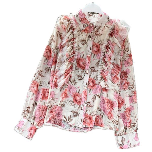 

floral chiffon shirt for women 2020 new ruffles girl shirt fashion sweet blouse ol chiffon blouse spring autumn shirt, White
