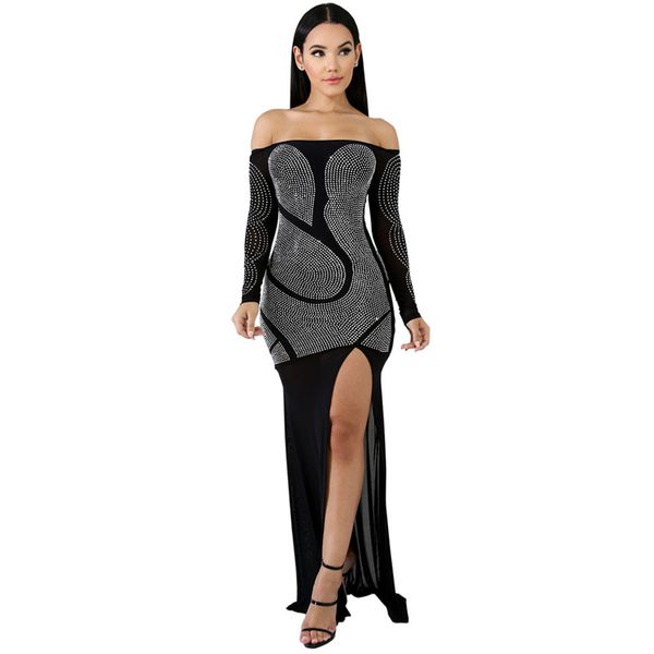 

drilling mesh high slit bandage maix dress women vintage slash neck full sleeve fashion club long evening party dresses, Black;gray