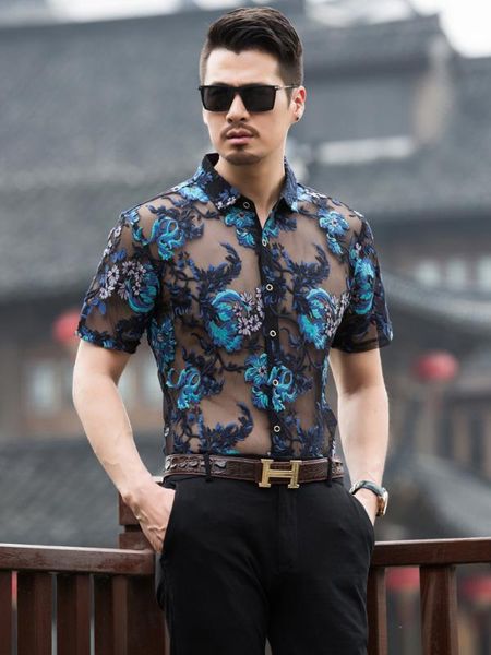 

2020 new lace for male embroidery men transparent see through mesh shirt club party prom chemise homme 3xl, White;black