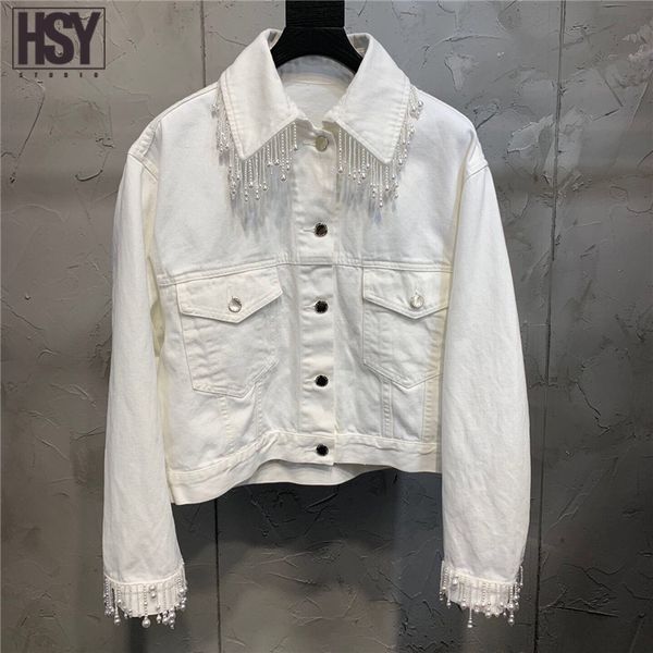 

new fashion women jean hand made beading pearl tassel full sleeve turn-down collar pocket detail white baggy casual denim coat, Black;brown