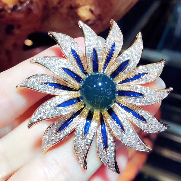 

natural blue amber sun flower sterling brooch brooches gifts for women blue amber brooch pin geometric jewelry, Slivery;golden