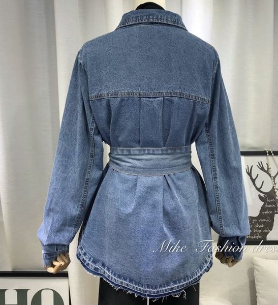 

wholesale- fashion pure color belt cowboy shirt women's loose long sleeved slim waist denim shirt jean blouses, White