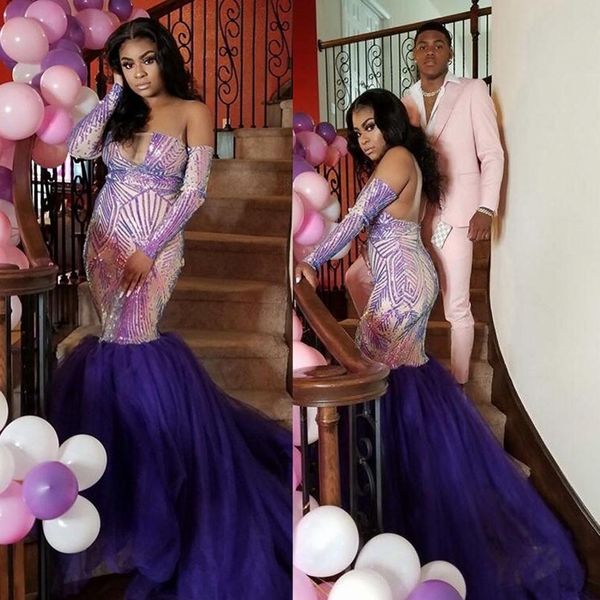 

2019 gorgeous mermaid prom dresses off the shoulder lace sequins long sleeves evening gowns graduation dresses cocktail party wear, Black