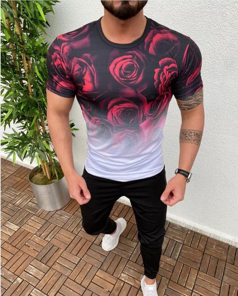 

3d floral printed mens tshirts fashion designer style short sleeve crew neck tshirts mens gradient color, White;black