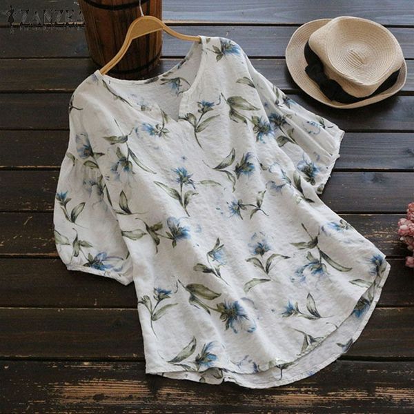 

women women blouses 2019 summer blusas women o neck vintage floral printed blouse baggy loose blusa feminina s plus size, White