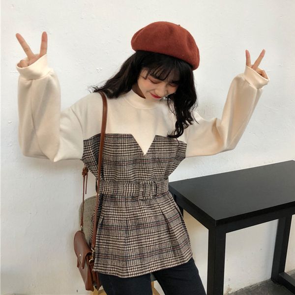 

autumn clothing women's 2019 new style korean-style woolen plaid stitching plus velvet mock two-piece hoodie waist hugging banda, Black