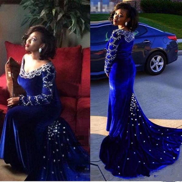 

roayl blue black girl meramaid prom evening dress 2019 shinny crystal long sleeve formal party gown plus size pageant gown