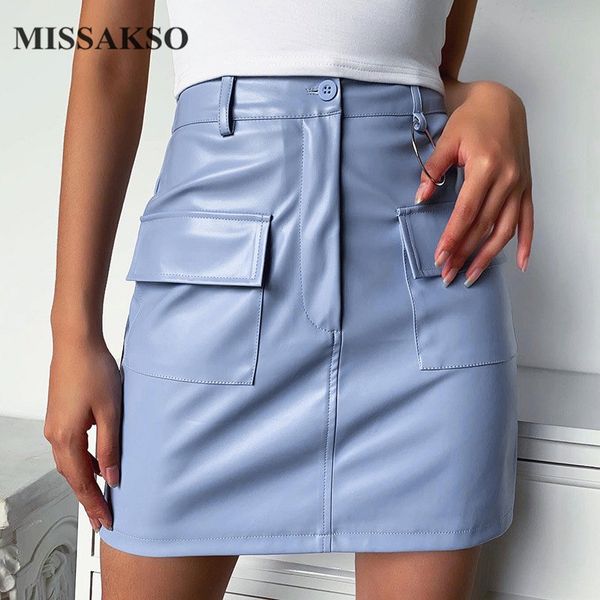 

missakso summer pu leather skirt pocket fashion 2020 women high waist solid pencil skirts new, Black