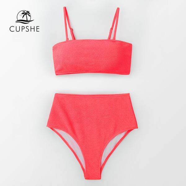 

cupshe neon pink high-waisted bikini sets women bandeau two pieces swimsuits 2019 girl beach bathing suits