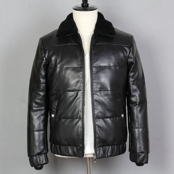 

2019 fur collar genuine leather down jacket men sheepskin slim fit male turn-down collar short real leather winter coat, Black