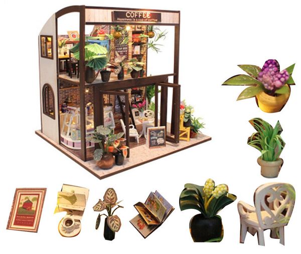 

child doll house kit miniatures coffee wooden house toy diy miniature dollhouse furnitures casas en miniatura y200704
