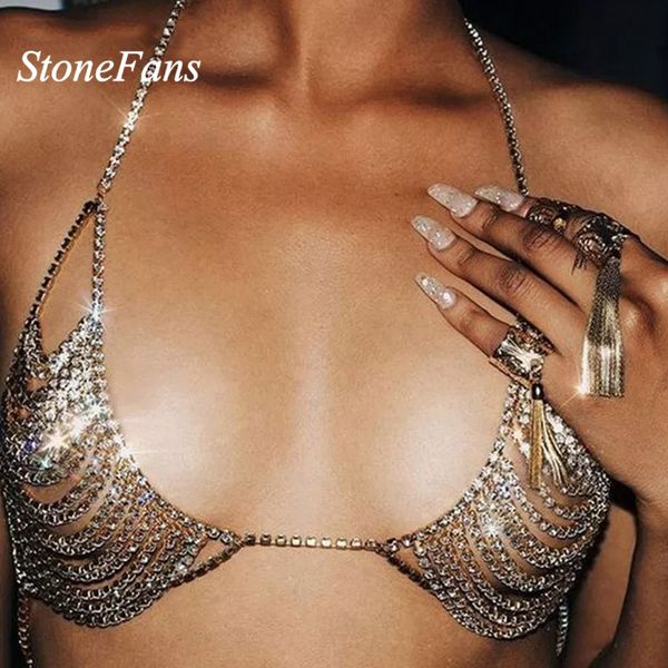 

stonefans bra necklace 3 colors rhinestone chain jewelry hollow out new crystal gold chain necklace bikini for valentine gift, Silver