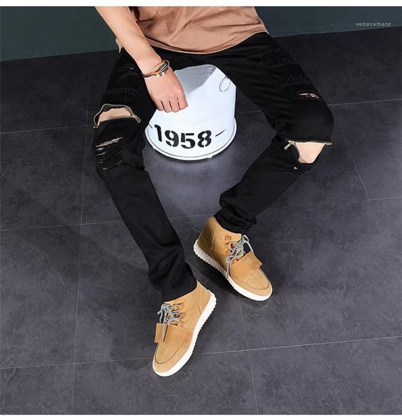 

slim pants mens knee zipper stretch slacks street style fashion mid width pants hip hop ripped, Blue