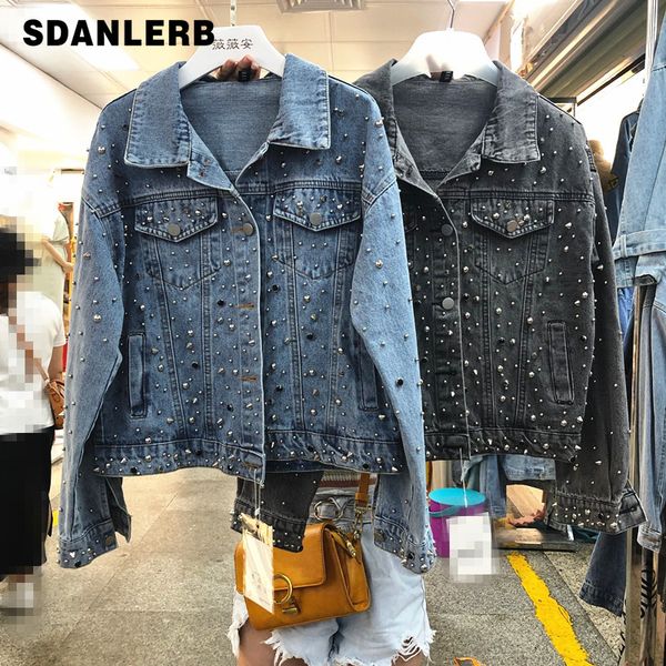 

тяжелая всего жемчуга щепотка из бисера свободная джинсовая куртка женская bf ветер студент куртка с длинным рукавом новая осень 2019 улична, Black;brown