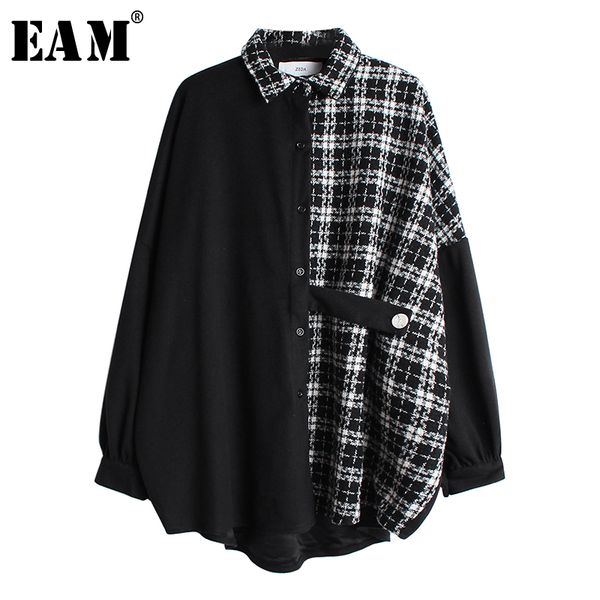 

eam] women tweed plaid split big size blouse new lapel long sleeve loose fit shirt fashion tide spring autumn 2020 19a-a46, White