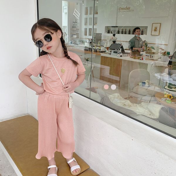 

girls set summer kids clothing set t-shirt +pants solid color kids clothes, White