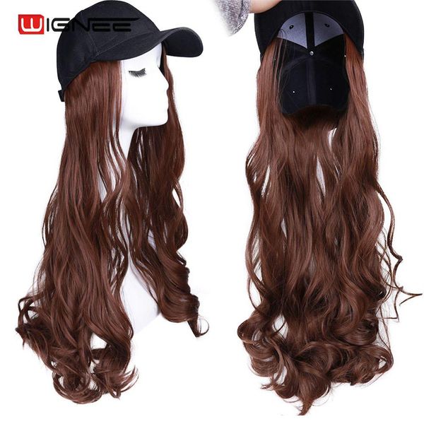 

wignee baseball hat synthetic hair wig brown long wavy heat resistant wig with black hat for women natural fake hair