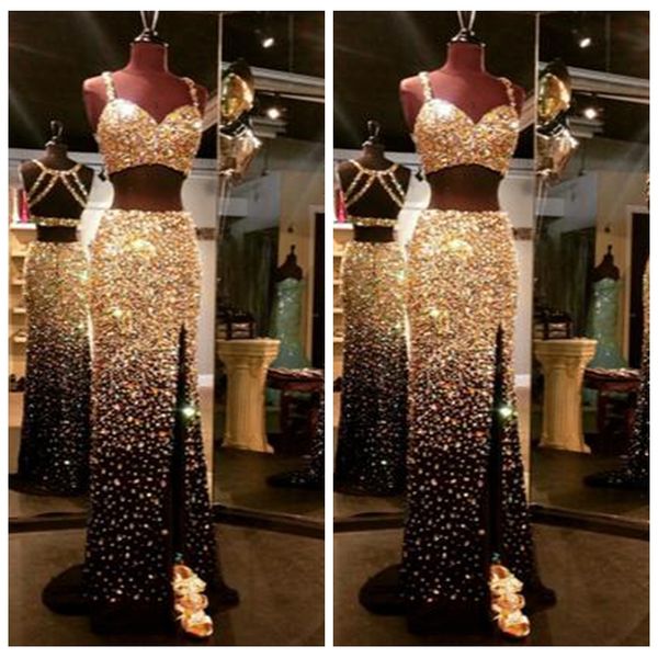 

2019 spaghetti mermaid two pieces slim prom dresses bling bling crystal beaded special occasion party gowns split sweep train, Black