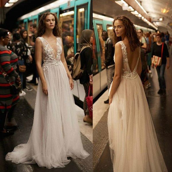 

liz martinez beads wedding dresses sheer deep v neck flower appliqued bridal gowns tulle beach wedding dress, White