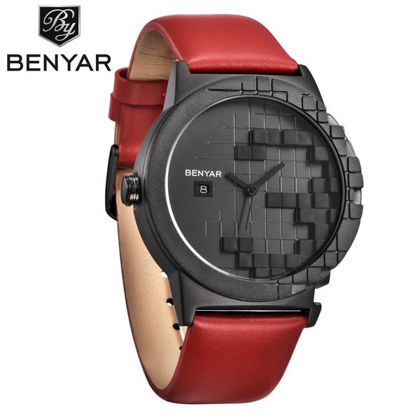 

benyar 46mm business casual men's leather watch couple watch personalized black dial fashion, Slivery;brown