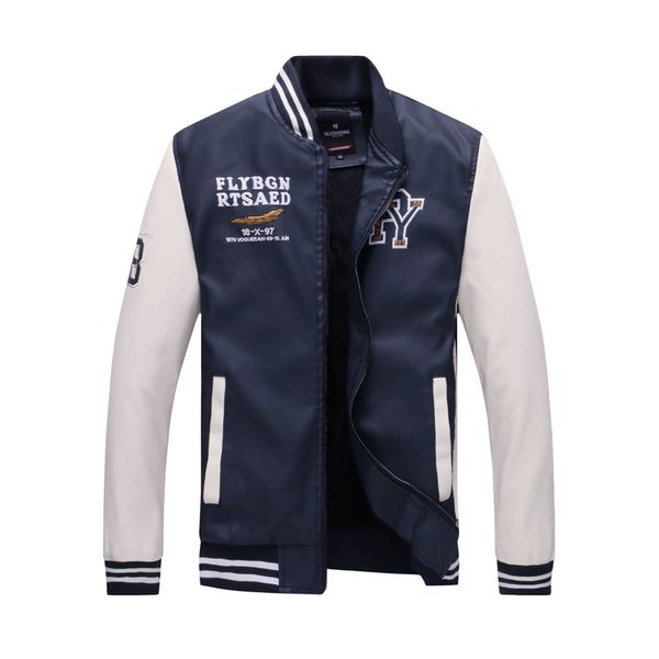 

men baseball jacket embroidered leather pu coats slim fit college fleece luxury pilot jackets men's stand collar jacket coat, Black